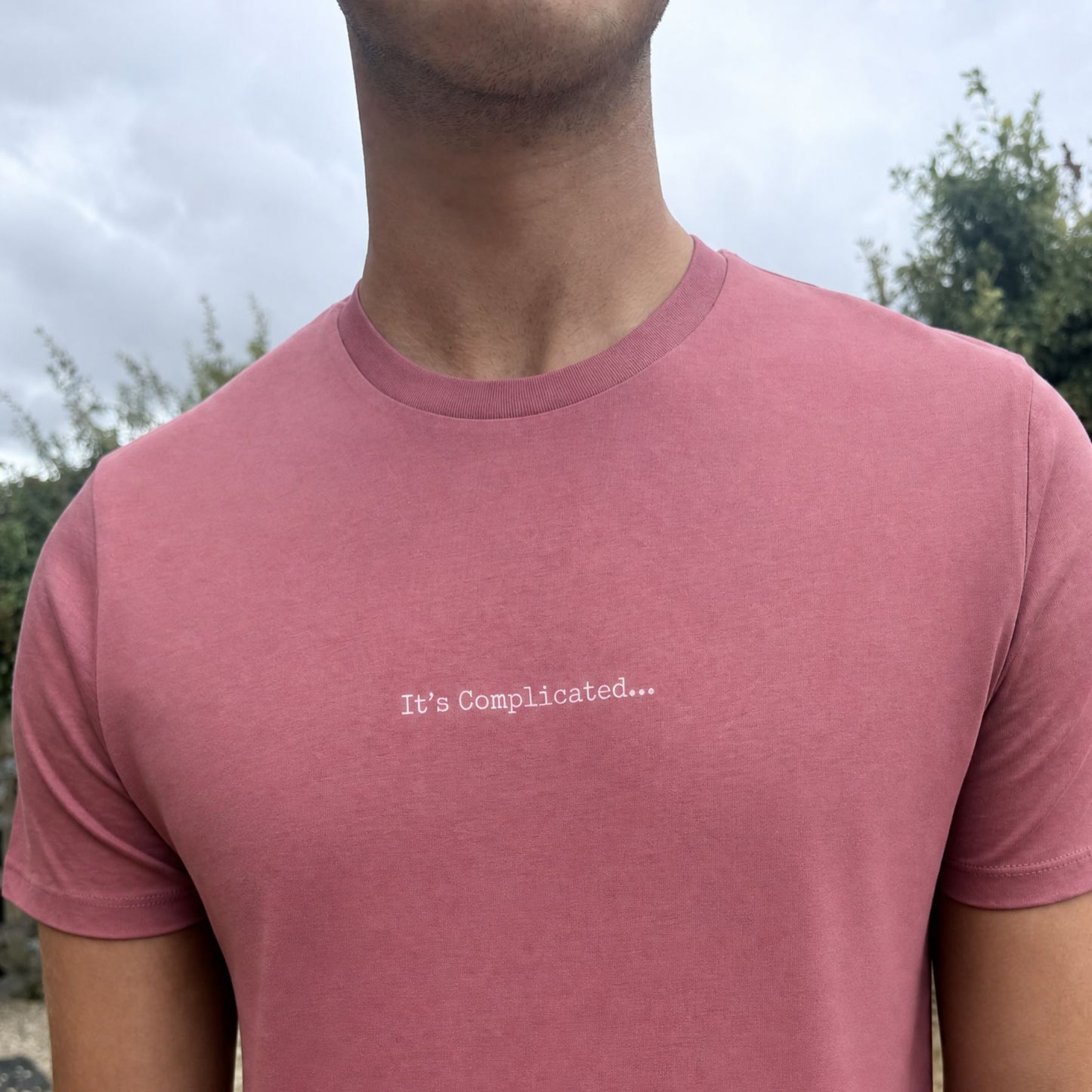 A close-up of a person wearing a dusty rose short-sleeve crewneck t-shirt with the text 'It's Complicated.