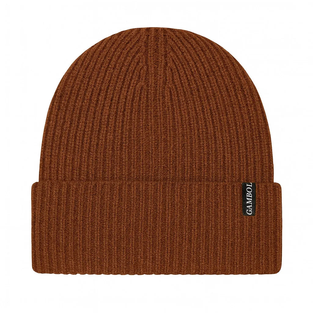 Brown knit beanie with a brand label on a white background