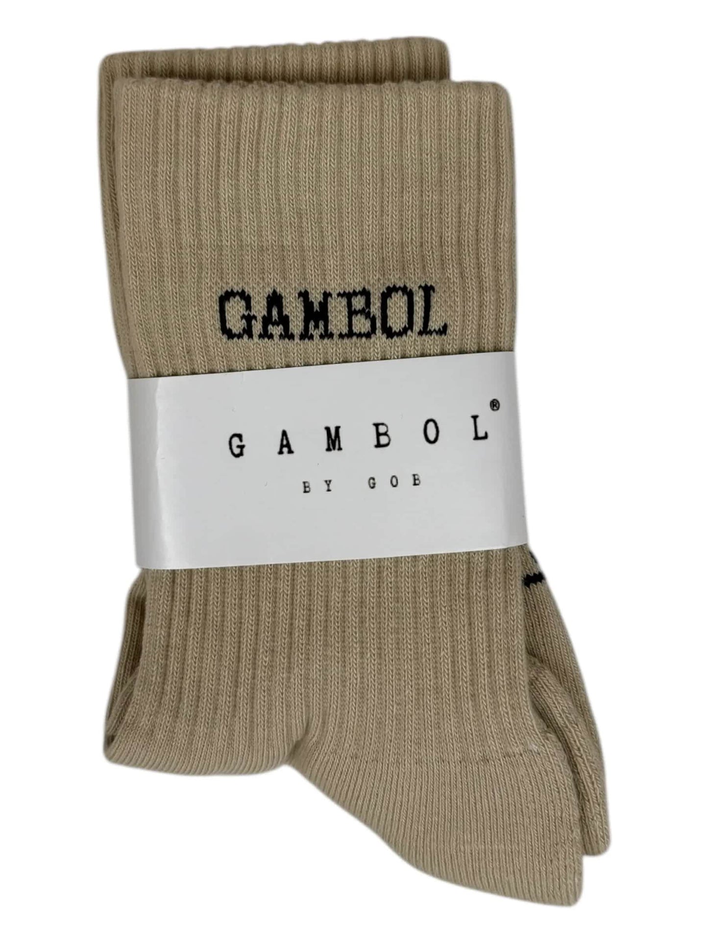 Pair of beige socks with a white band displaying 'Gambol' on a white background