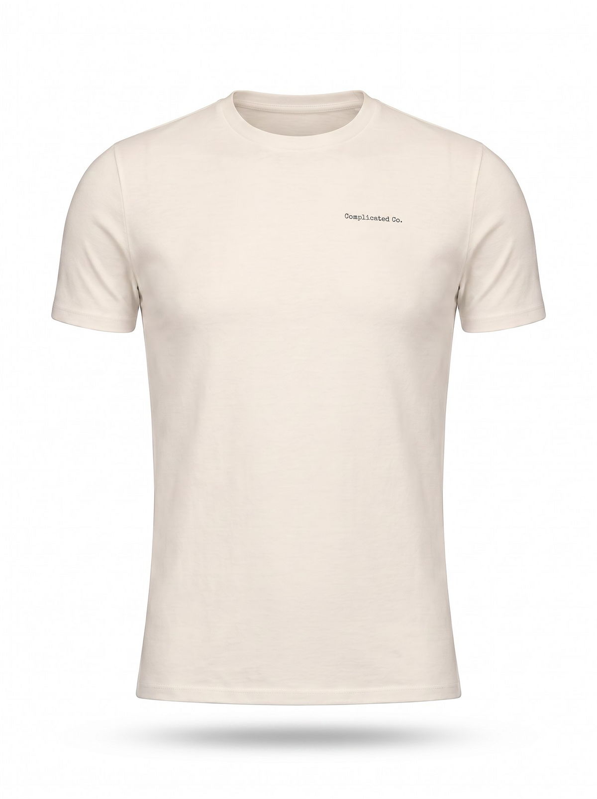 An off-white crewneck t-shirt with a small black embroidered logo on the left chest, displayed on a clean white background with a soft shadow underneath.