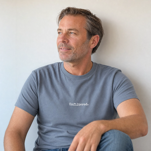Man wearing a blue t-shirt with 'Unfiltered' text, sitting against a light background