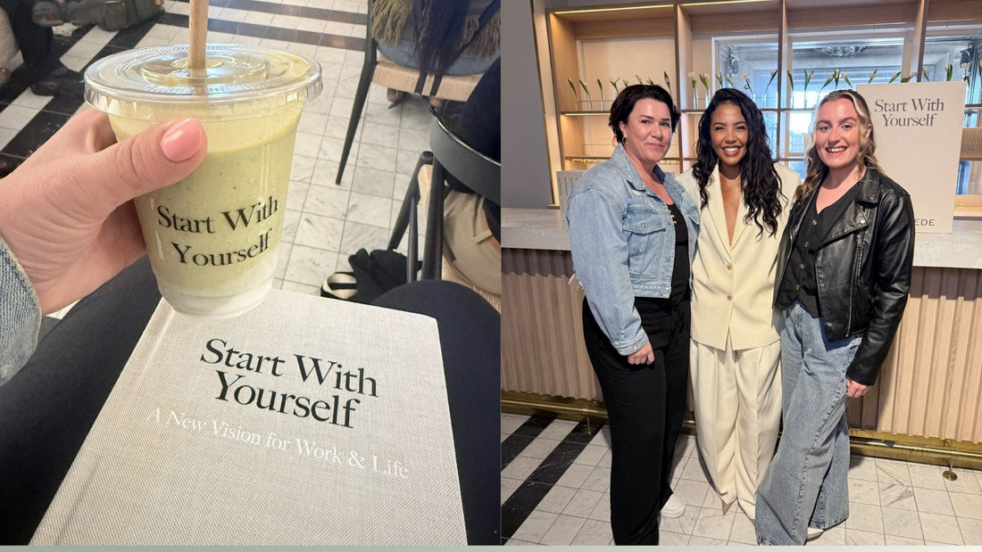 Emma Grede with Jodie and Rachael at Complicated Co. A picture of Emma Gredes book Start with yourself and a matcha