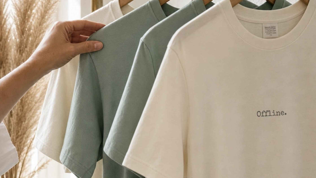 three t-shirts one with offline