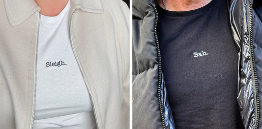 woman wearing sleigh and man wearing bah t-shirt