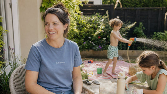 Parent wearing The Complicated Co. Unfiltered Tee during the school summer holidays