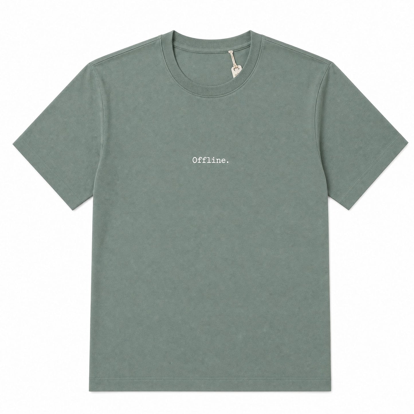 A muted sage green crewneck t-shirt with the word 'Offline.' printed in a small, typewriter-style font on the center chest.