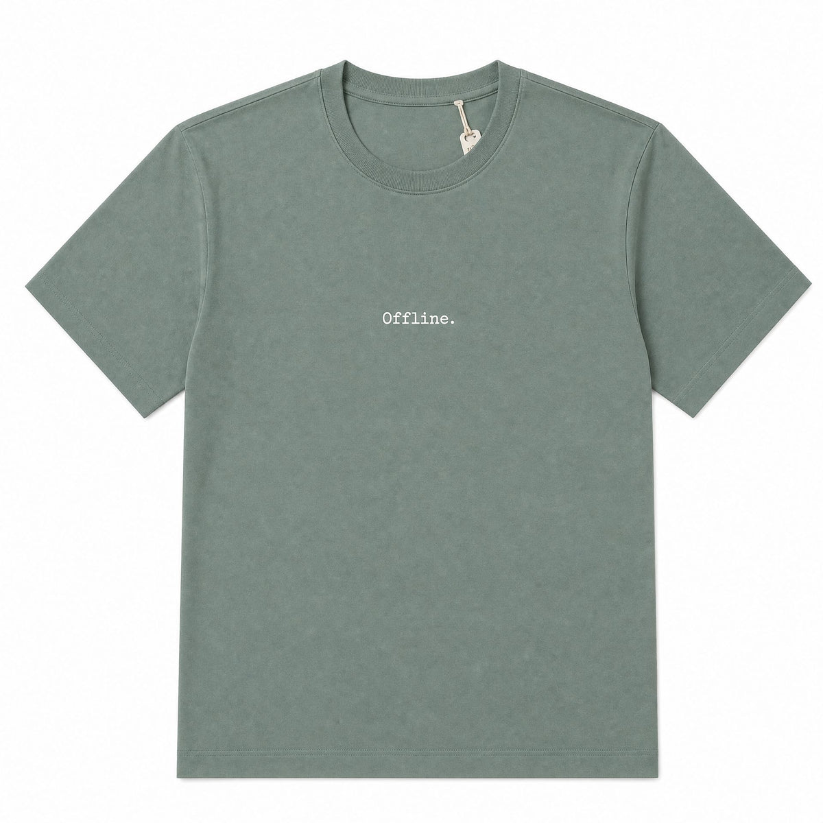 A muted sage green crewneck t-shirt with the word 'Offline.' printed in a small, typewriter-style font on the center chest.