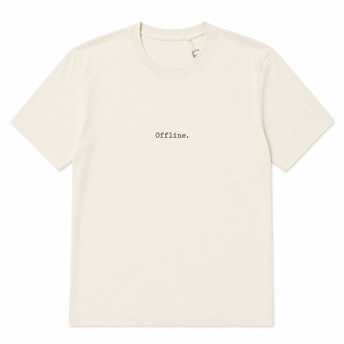 An off-white crewneck t-shirt with the word 'Offline.' printed in a typewriter font on the chest, displayed flat against a white background.