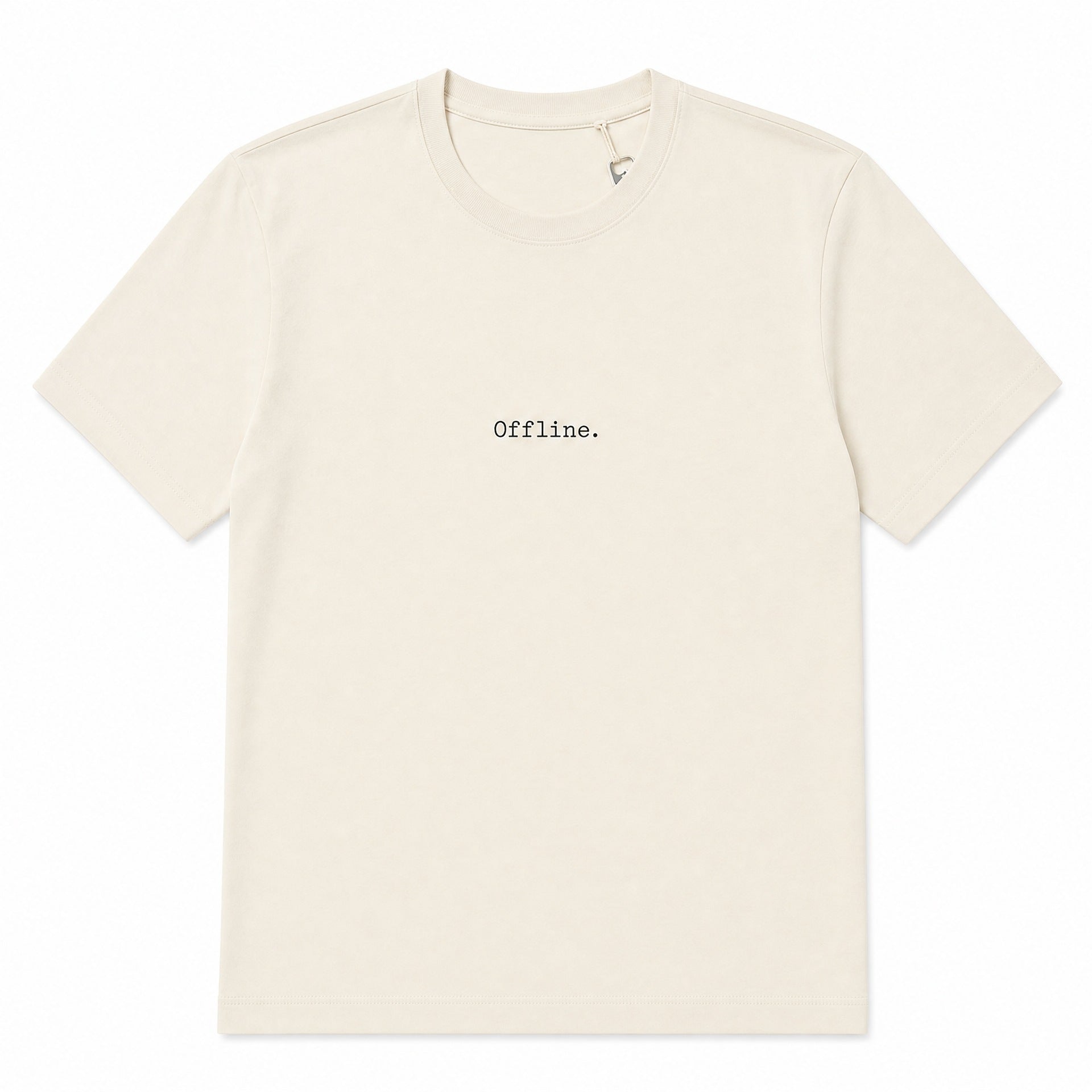 An off-white crewneck t-shirt with the word 'Offline.' printed in a typewriter font on the chest, displayed flat against a white background.