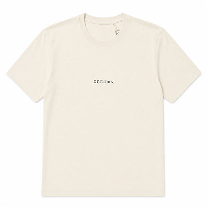 An off-white crewneck t-shirt with the word 'Offline.' printed in a typewriter font on the chest, displayed flat against a white background.