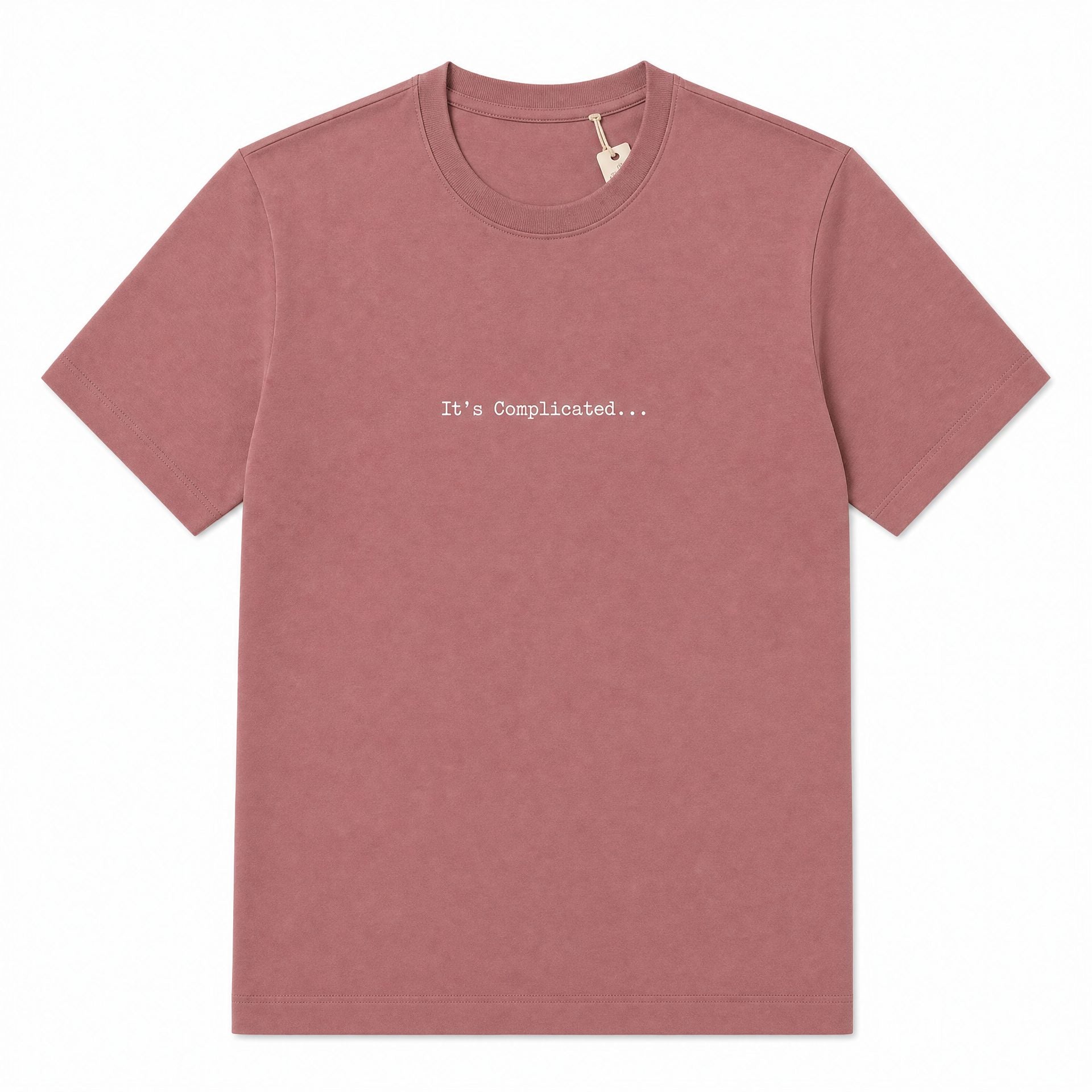 A dusty rose short-sleeve crewneck t-shirt with the text 'It's Complicated.