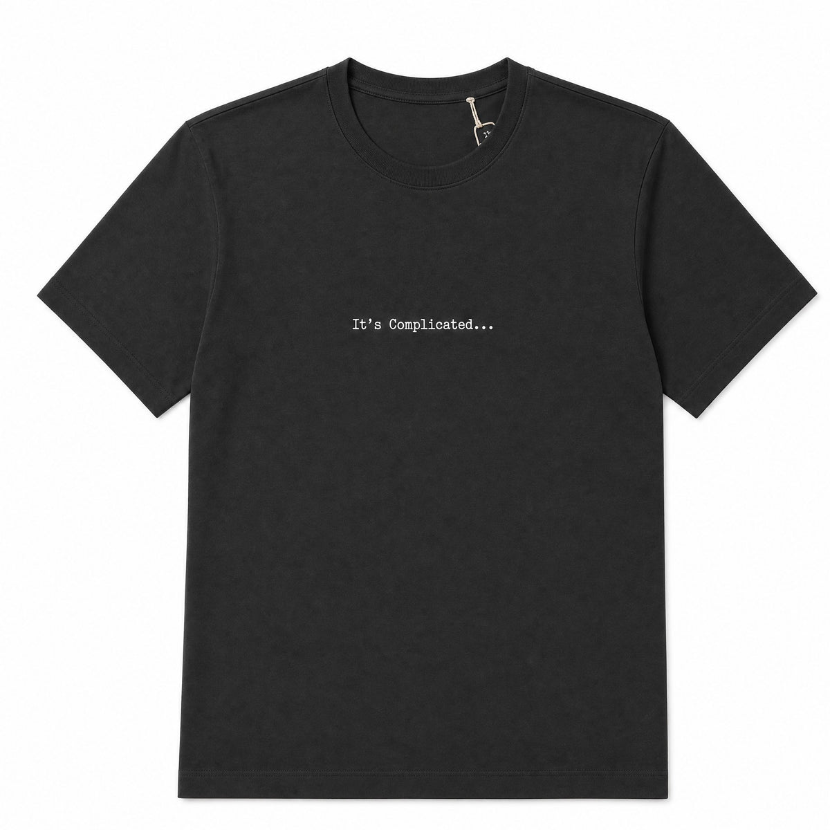 Black t-shirt on a white background with it's complicated on it