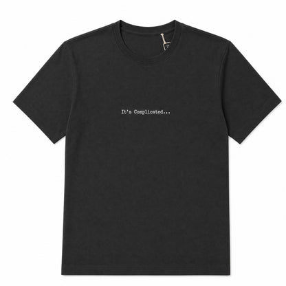 Black t-shirt on a white background with it's complicated on it