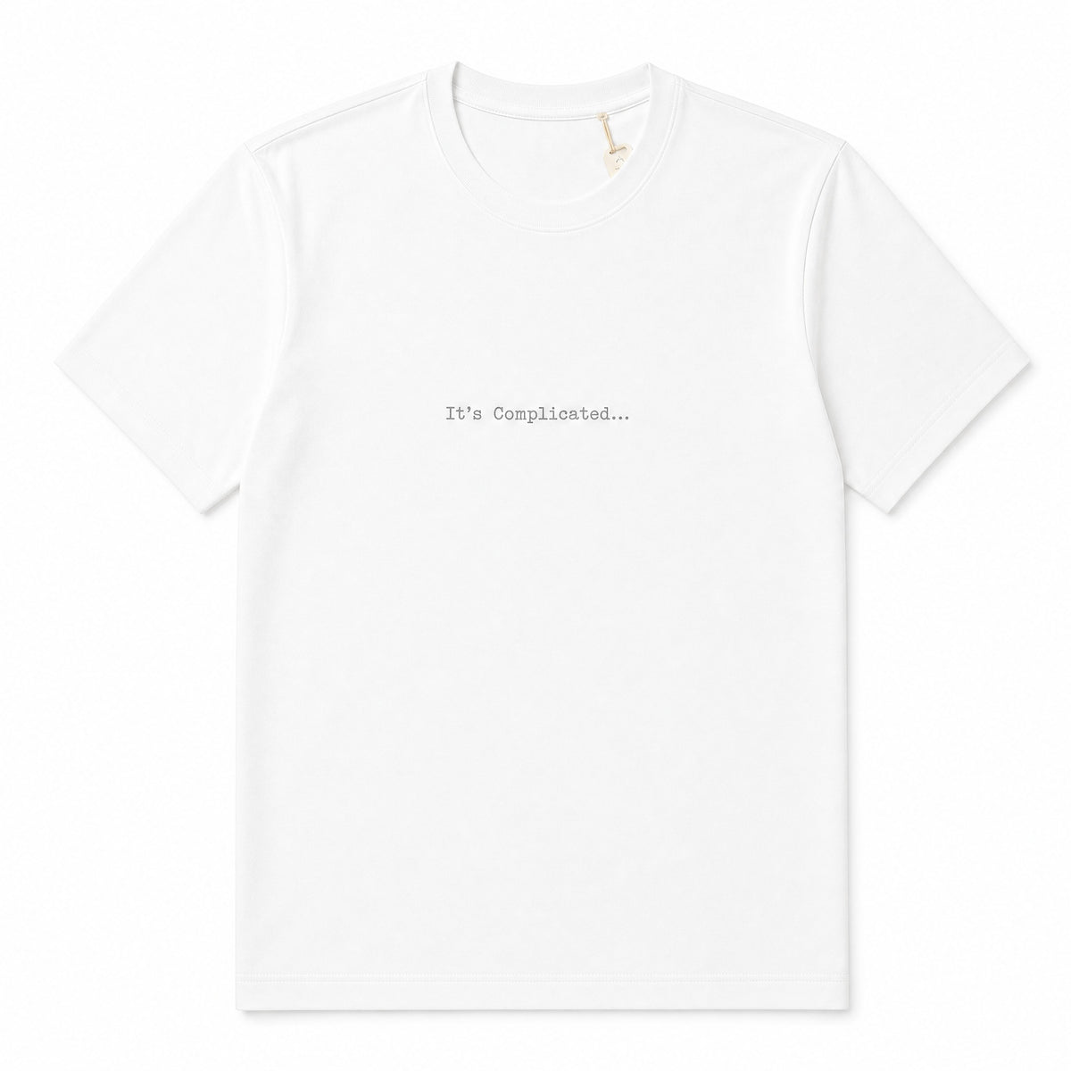 A white short-sleeve crewneck t-shirt with the text 'It's Complicated.