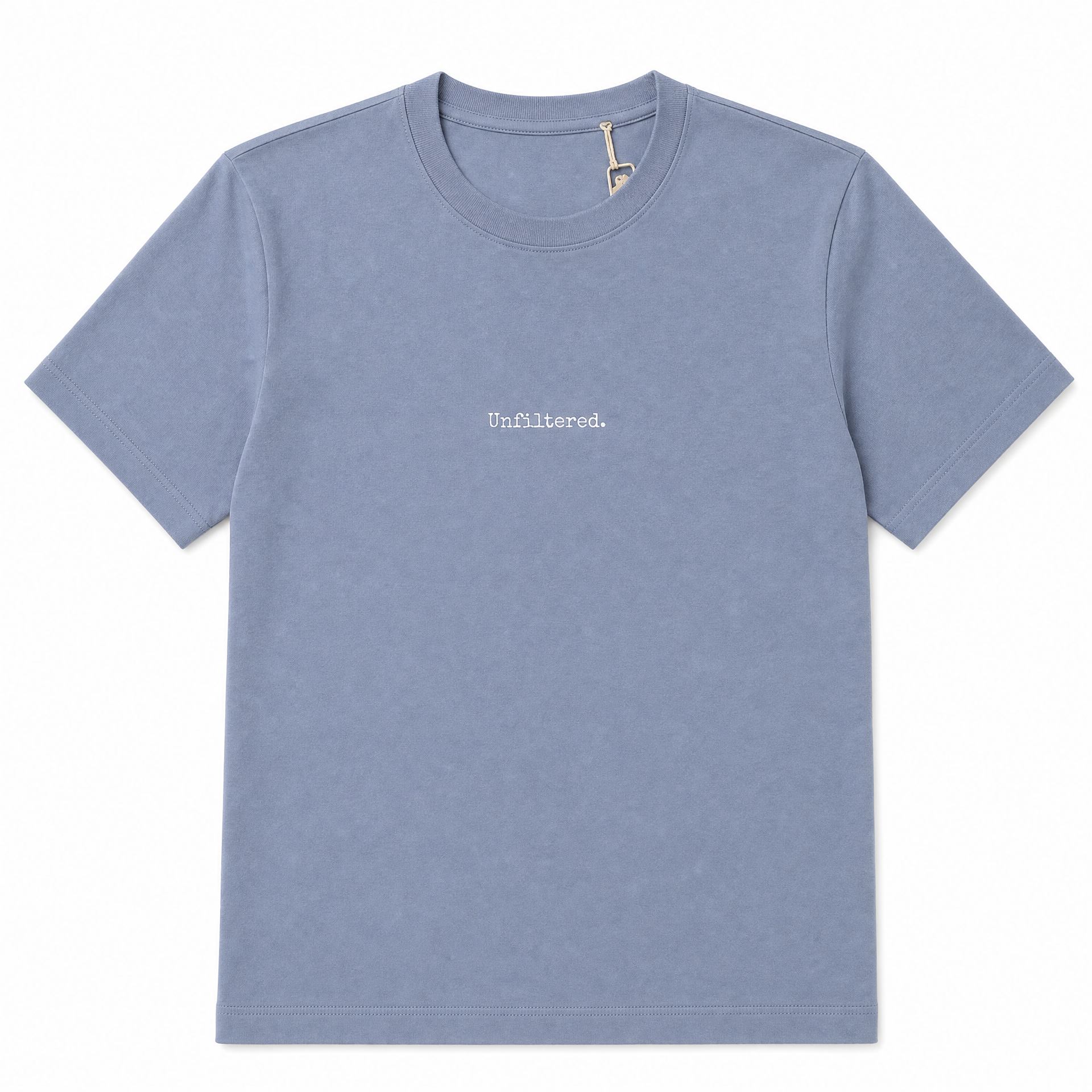 A light blue short-sleeve crewneck t-shirt with the word 'Unfiltered.' printed in white lowercase serif font on the center chest, displayed flat against a solid white background.