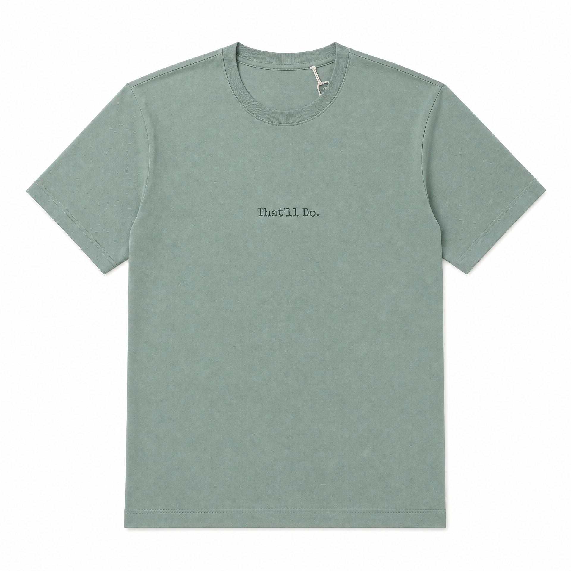 Beige t-shirt with brand logo on sleeves against a white background