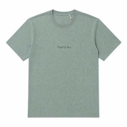 Beige t-shirt with brand logo on sleeves against a white background