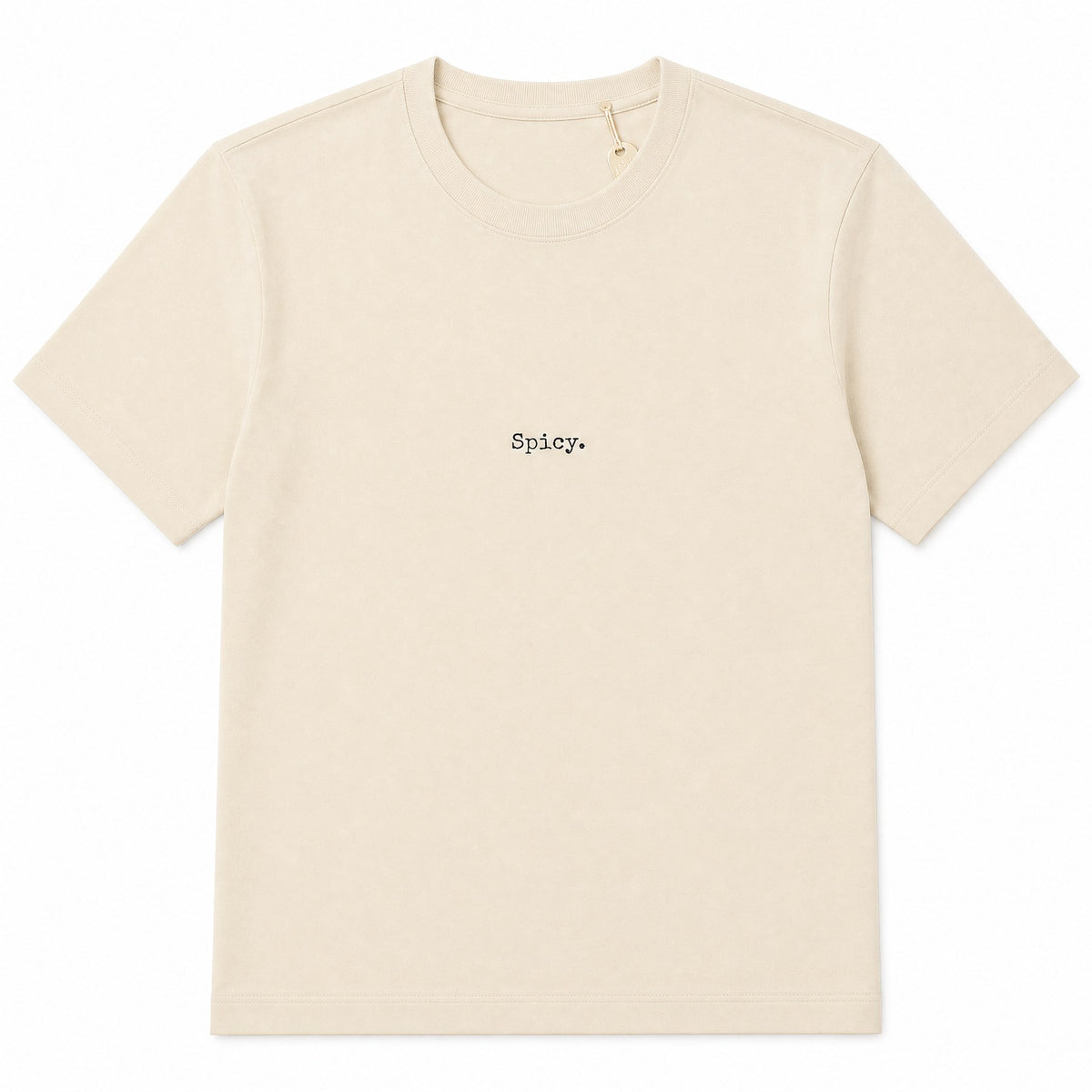 natural t-shirt with spicy in black letters.