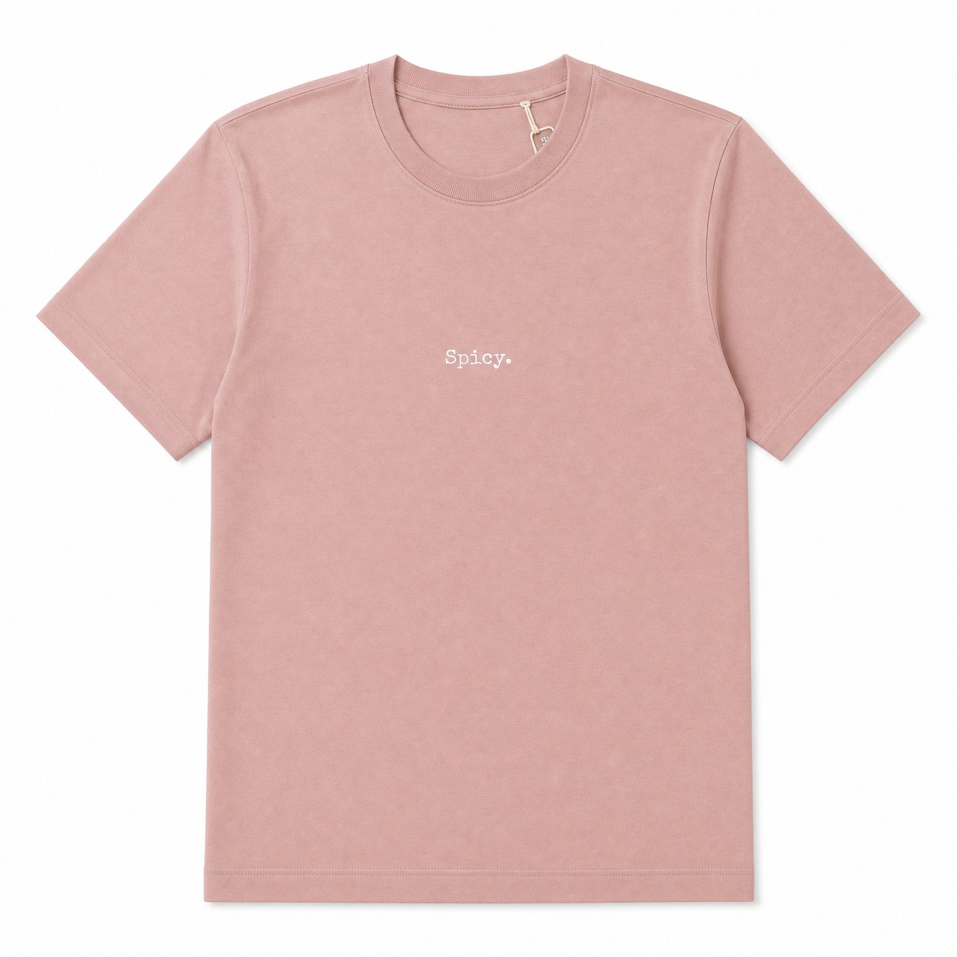 A dusty pink short-sleeve crewneck t-shirt with the word 'Spicy.' embroidered in white on the left chest, displayed flat against a solid white background.