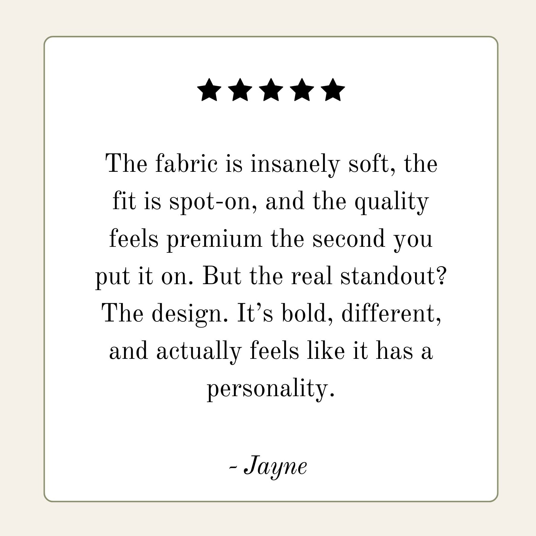 Product review with five stars and text on a beige background