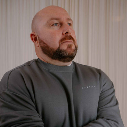 Oversized Sweat in Grey, chest detail – Gambol Archive