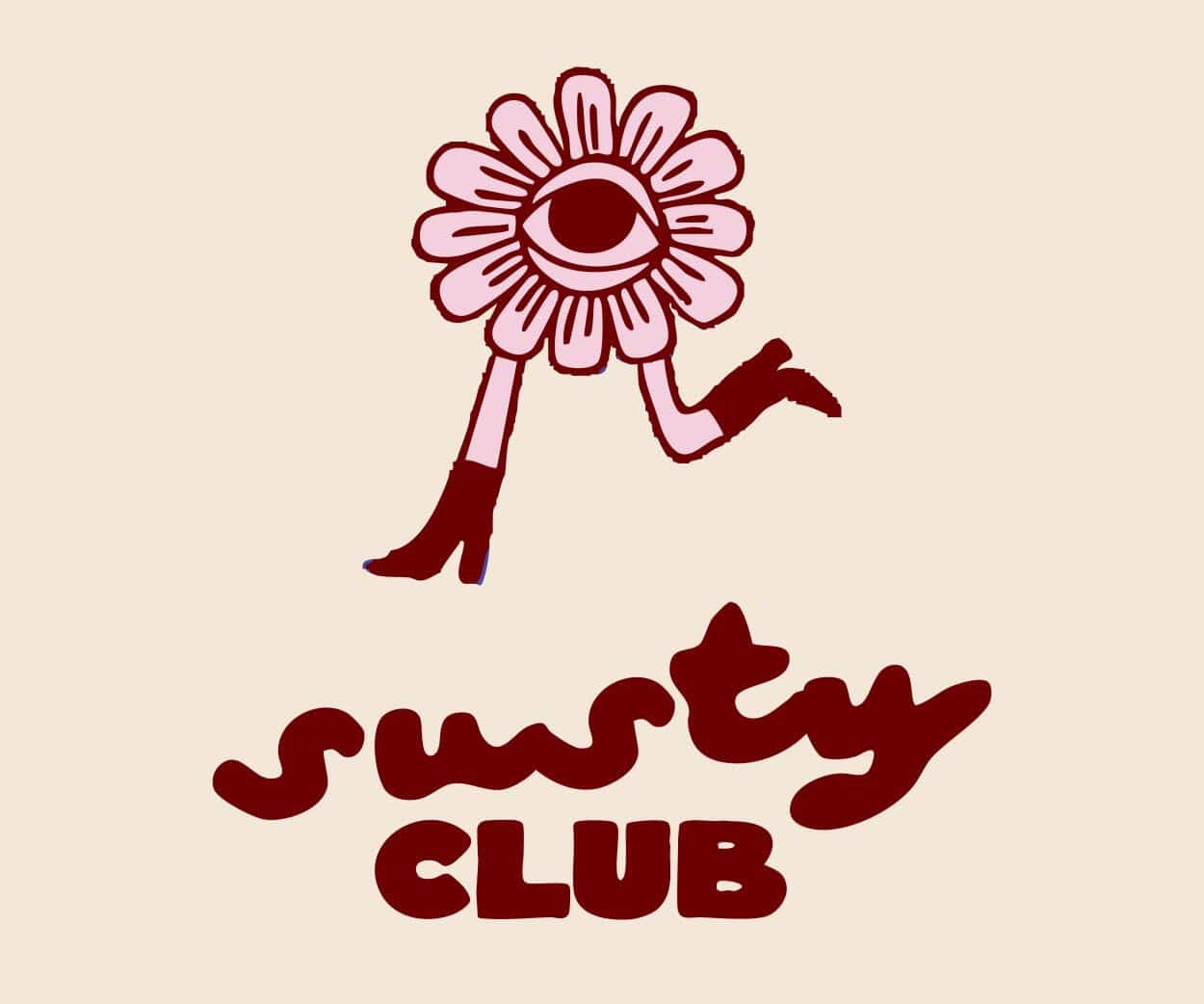 Logo of a flower character with legs and arms, wearing high heels, on a beige background with 'swisty club' text.