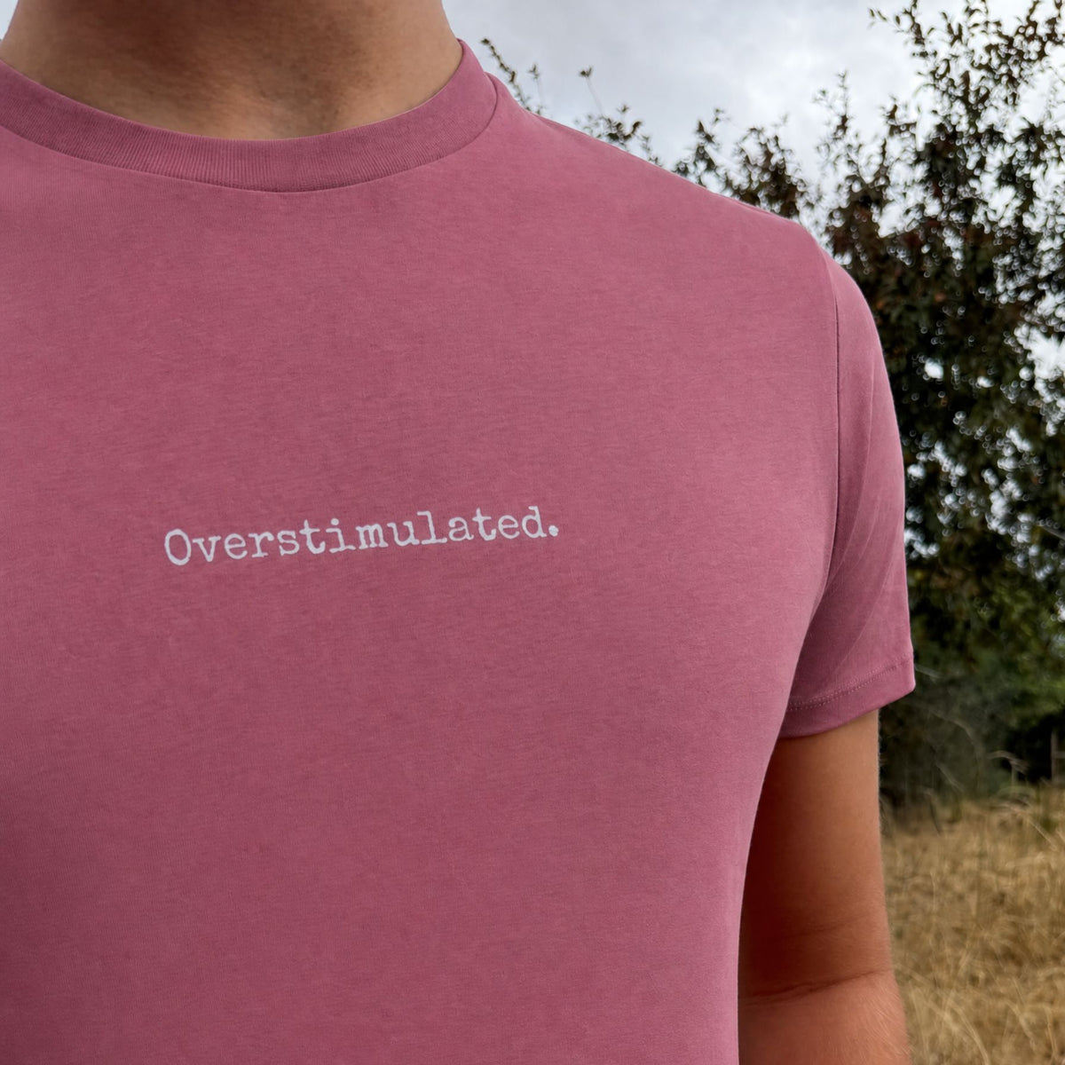 A close-up of a person wearing a dusty rose pink t-shirt with the word 'Overstimulated.' printed in white typewriter font on the chest, set against an outdoor background of trees and dry grass.