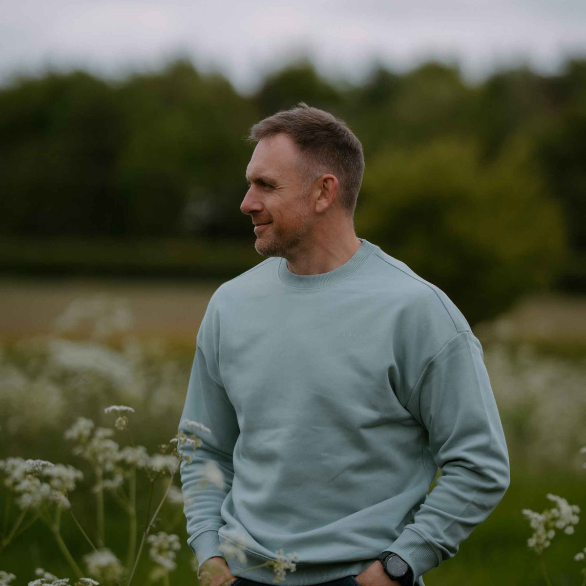 Oversized Sweat in Jade, worn outdoors – Gambol Archive