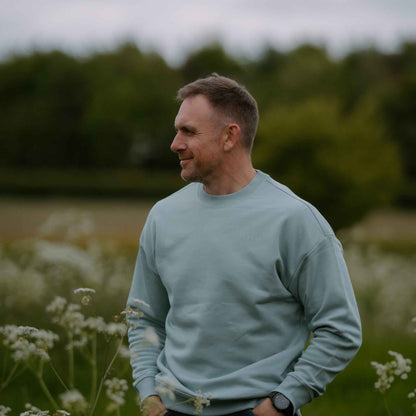 Oversized Sweat in Jade, worn outdoors – Gambol Archive