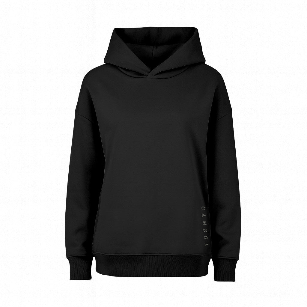 Black hoodie with a brand logo on the pocket against a white background