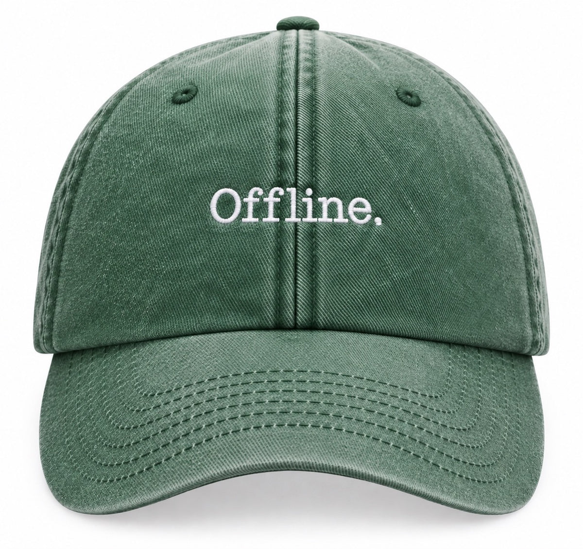 A dark green vintage washed cotton baseball cap with 'Offline.' embroidered in white on the front, shown against a plain white background.