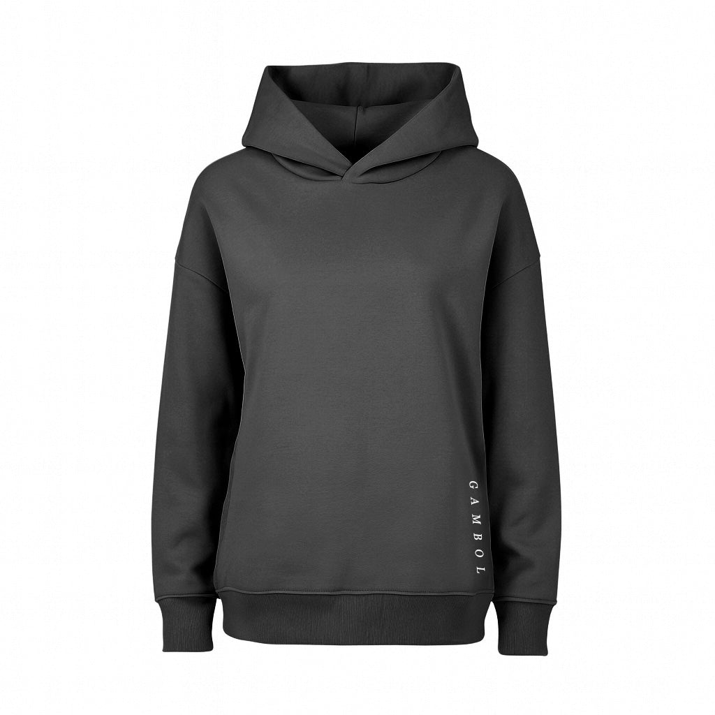 Oversized Hood in Iron, side pocket and Gambol sleeve print – Gambol Archive