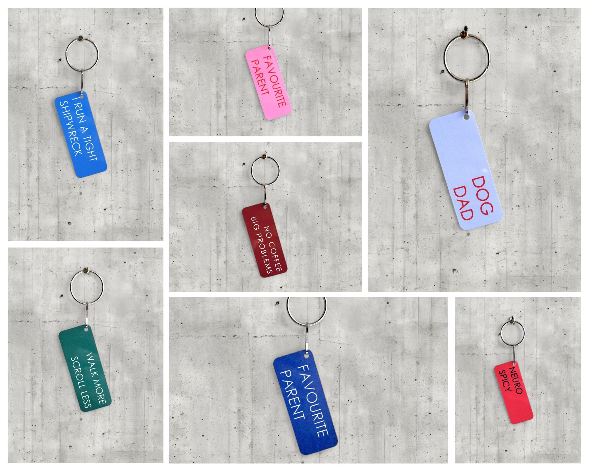 Collage of various keychains with different text on a concrete surface background