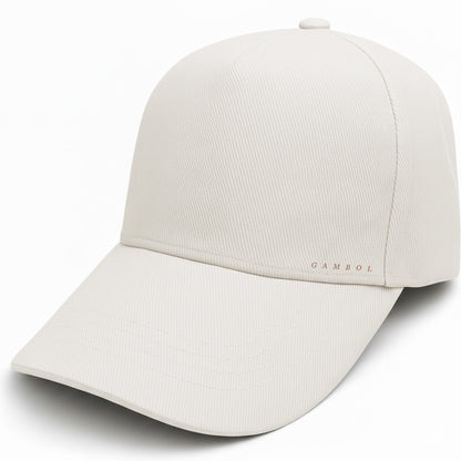 Beige baseball cap with 'Gambol' branding on a white background