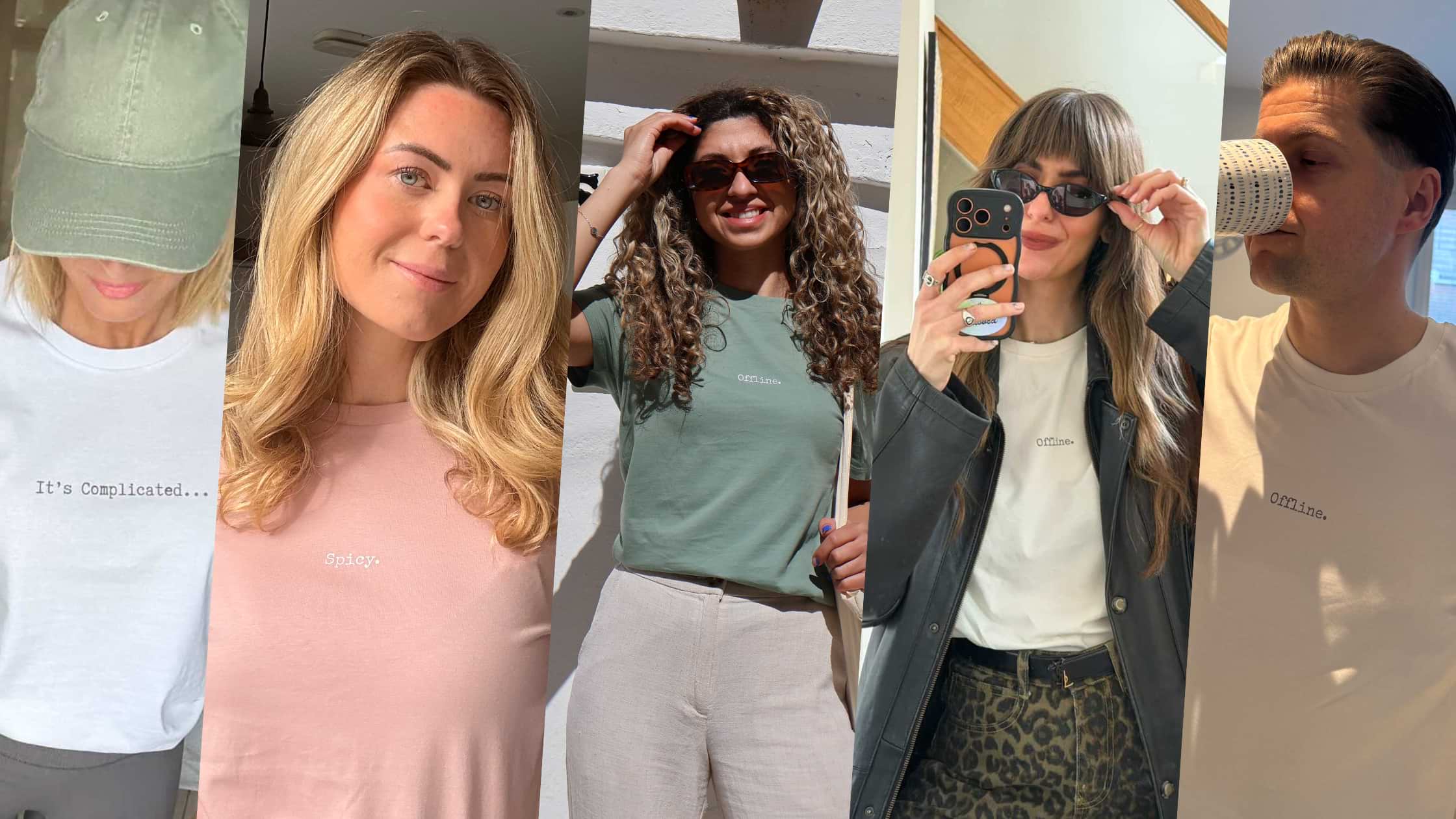 five photos of people. Woman with green cap and white t-shirt. Woman with blonde hair and pink t-shirt, woman with curly hair and green t-shirt, woman with sunglasses and white t-shirt and man drinking tee with brown hair and white t-shirt.