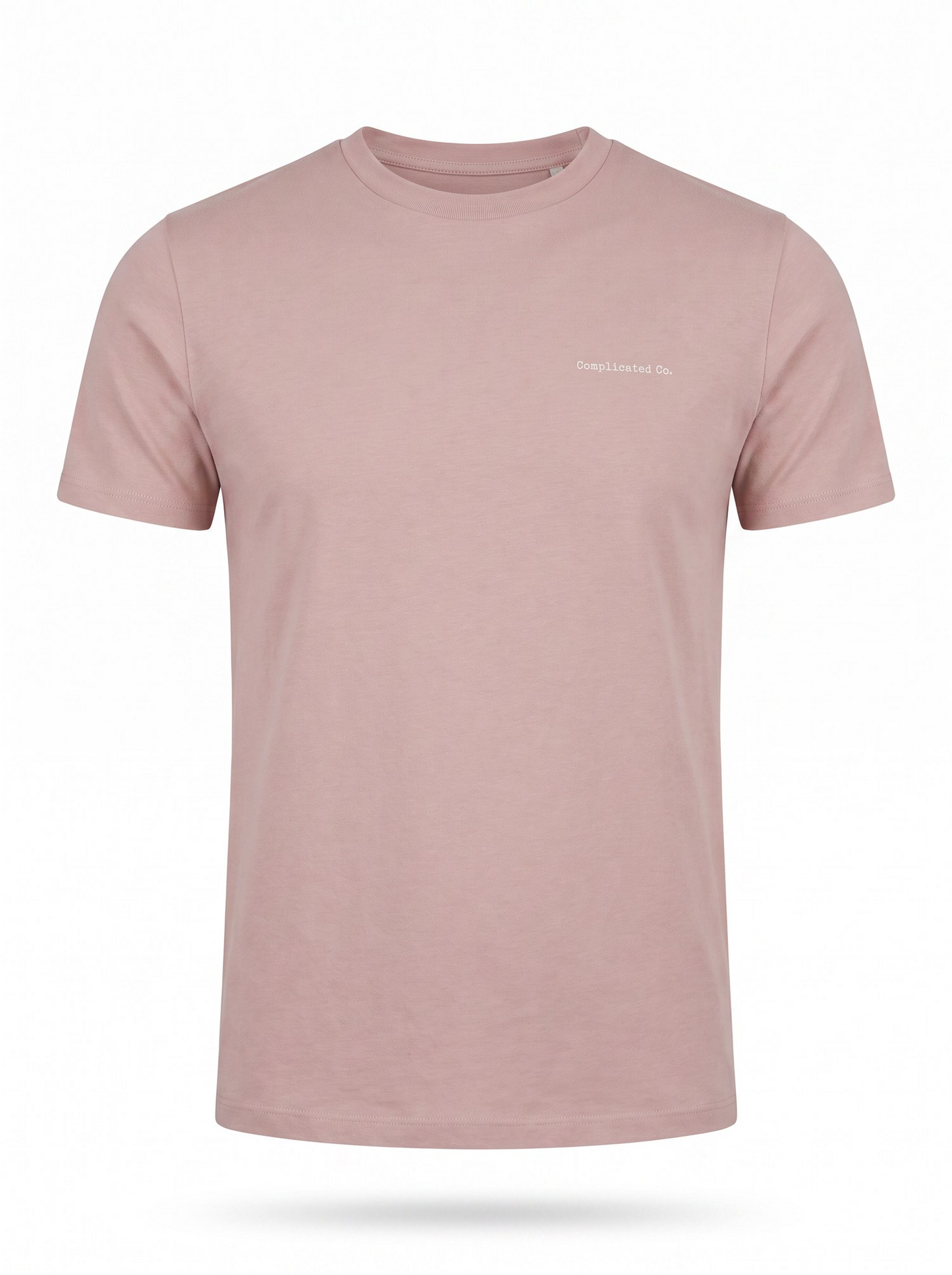 A dusty pink short-sleeve crewneck t-shirt with a small white embroidered logo on the left chest, displayed on a clean white background with a soft shadow underneath.