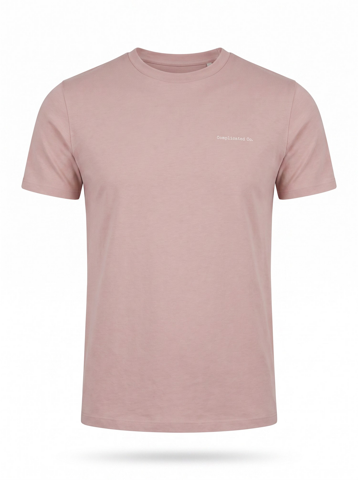 A dusty pink short-sleeve crewneck t-shirt with a small white embroidered logo on the left chest, displayed on a clean white background with a soft shadow underneath.