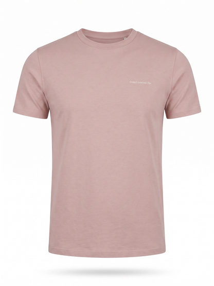 A dusty pink short-sleeve crewneck t-shirt with a small white embroidered logo on the left chest, displayed on a clean white background with a soft shadow underneath.