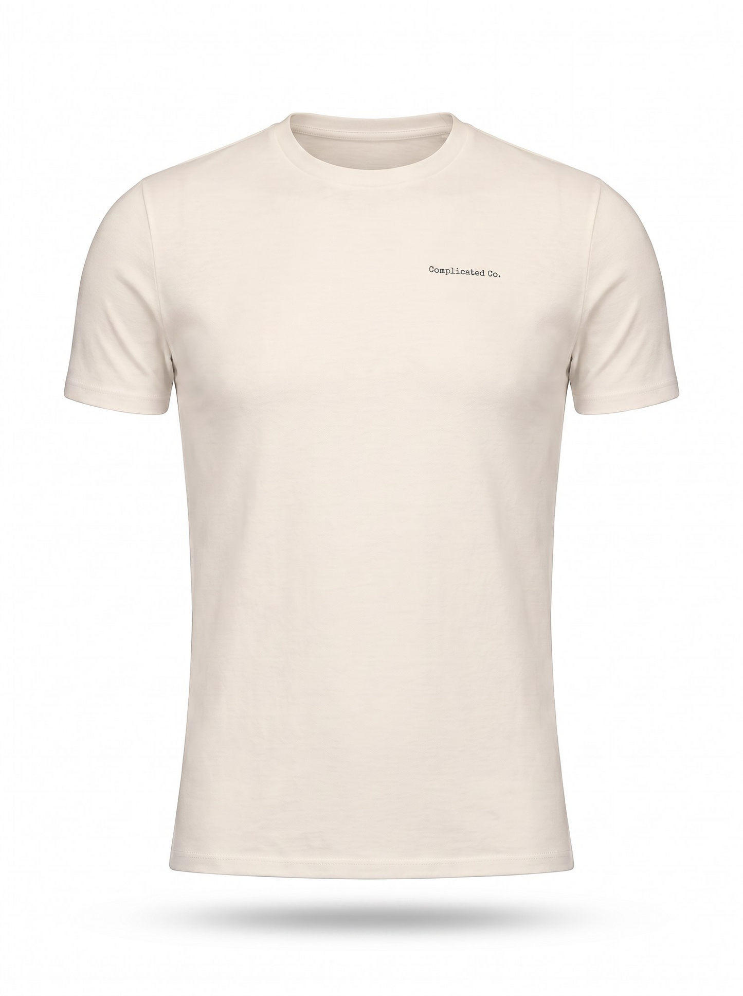 An off-white crewneck t-shirt with a small black embroidered logo on the left chest, displayed on a clean white background with a soft shadow underneath.