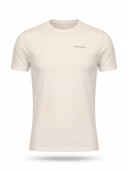 An off-white crewneck t-shirt with a small black embroidered logo on the left chest, displayed on a clean white background with a soft shadow underneath.