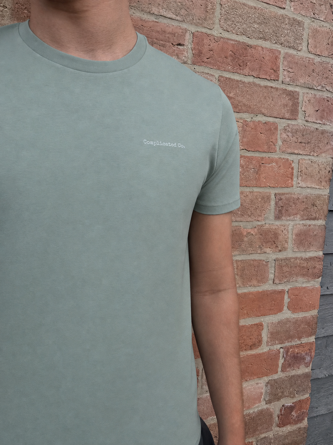 A person wearing a muted sage green crewneck t-shirt with a small white embroidered logo on the left chest, standing against a red brick wall.