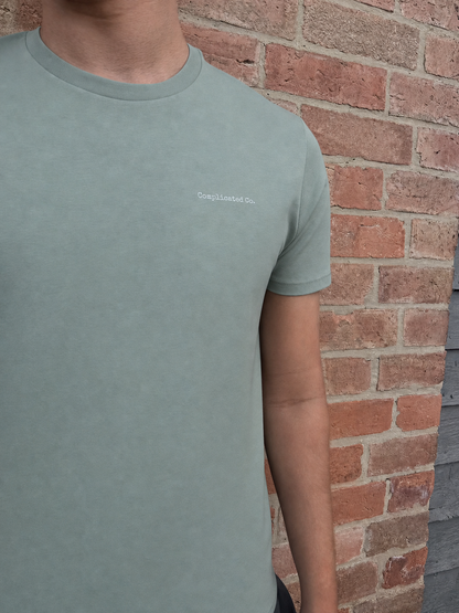 A person wearing a muted sage green crewneck t-shirt with a small white embroidered logo on the left chest, standing against a red brick wall.