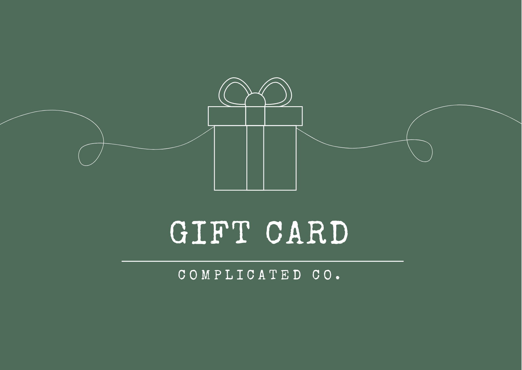 Gift card design with a white gift box and bow on a green background, featuring the brand 'Complicated Co.'