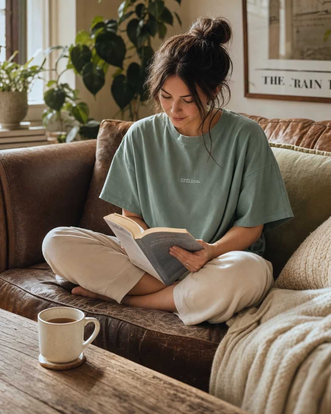 Woman reading a book on a couch with a cup of coffee next to her