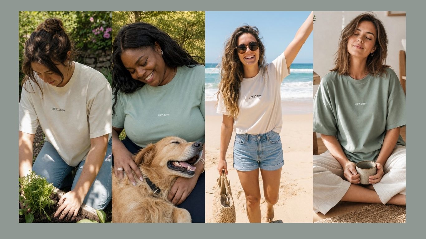 Four women in casual clothing in different settings: garden, beach, and home.