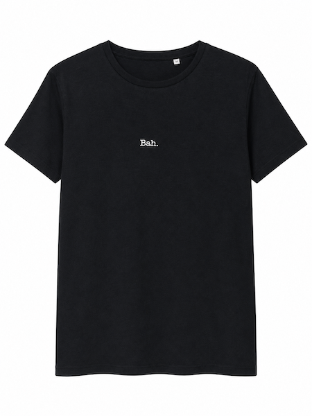 A black short-sleeve crewneck t-shirt with the word 'Bah.' A christmas t-shirt, women's fitted t-shirt.