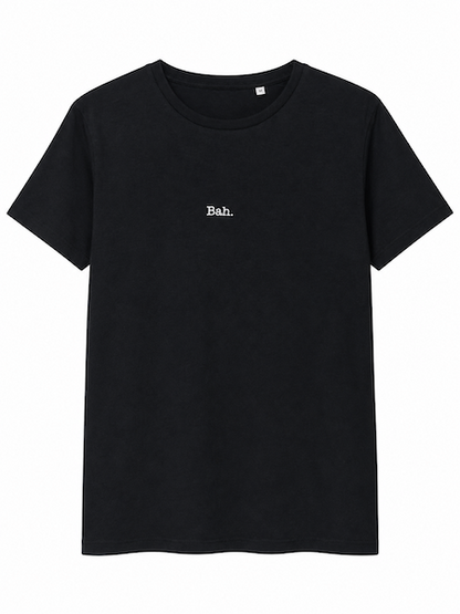 A black short-sleeve crewneck t-shirt with the word 'Bah.' A christmas t-shirt, women's fitted t-shirt.