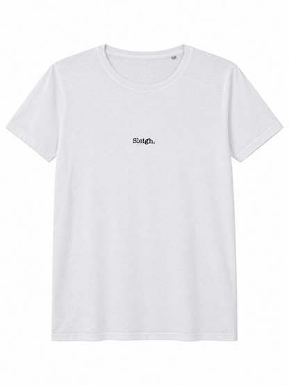 a white women's t-shirt with sleigh in black on the front