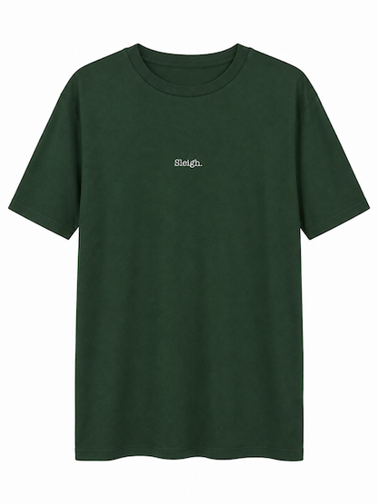 A dark forest green short-sleeve crewneck t-shirt with a small white 'Sleigh.' logo printed on the left chest, displayed against a solid white background.