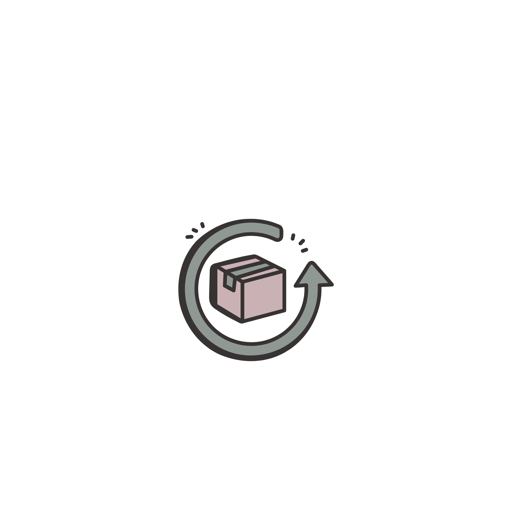 A simple icon of a cardboard box inside a circular refresh arrow on a solid green background.
